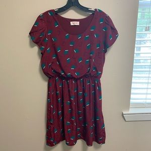 ModCloth Maroon Dress with Green Books- Size L